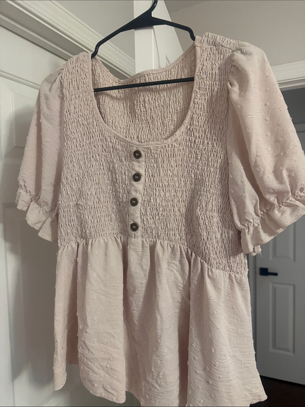 SHEIN Light Blush Smocked Peplum Puff-Sleeve Top